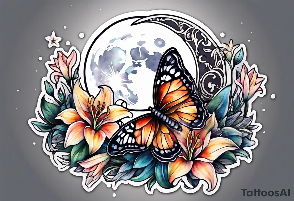 Small moon and stars with a moth and lily flowers tattoo idea