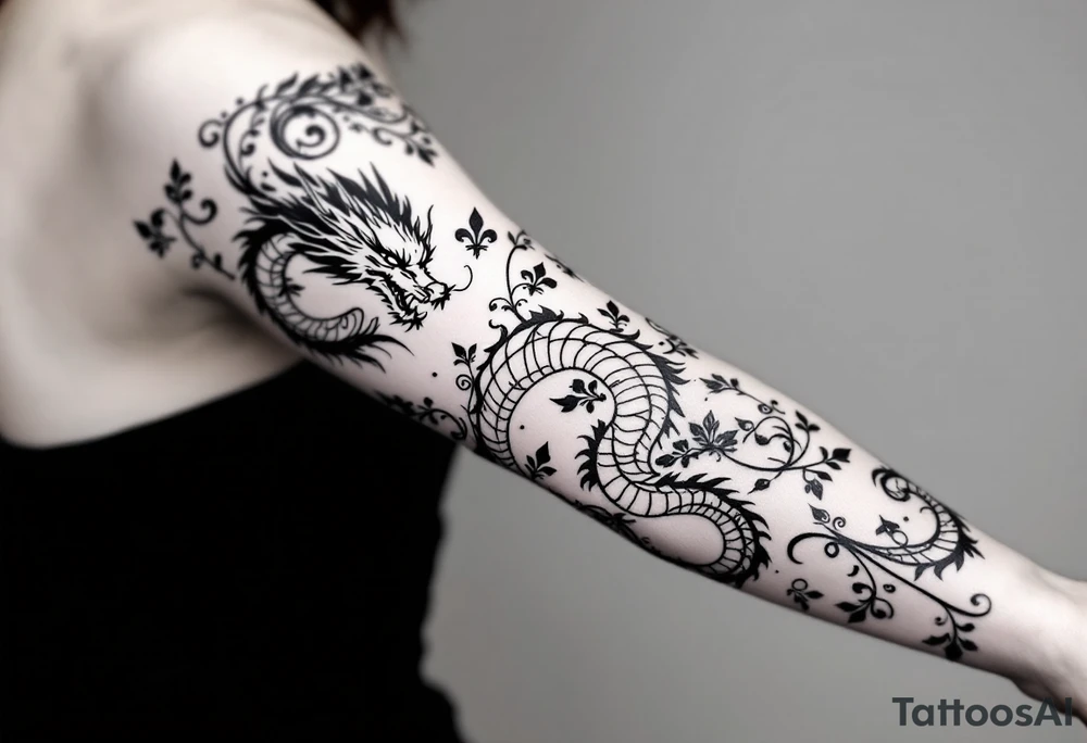 un dragon central entouré de fleurs de lys de style avec des ombrages dans un style assez fin tattoo idea