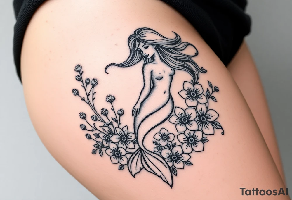 ethereal mermaid with flowing hair among coral and sea flowers tattoo idea