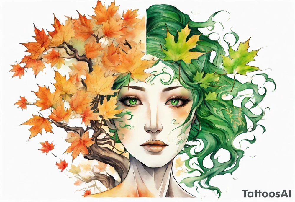 A maple tree shaped like a beautiful woman with green eyes with branches reaching up towards the sun tattoo idea
