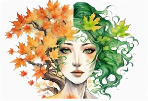 A maple tree shaped like a beautiful woman with green eyes with branches reaching up towards the sun tattoo idea