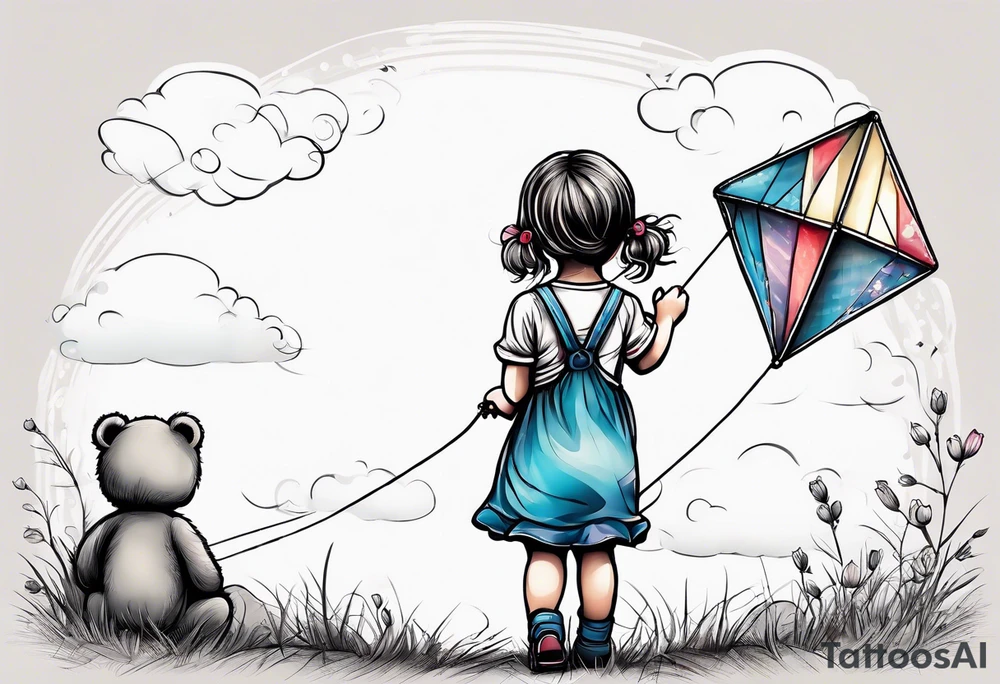 back image of a little girl in a dress, holding a kite , a teddy bear in overalls standing beside her tattoo idea