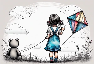 back image of a little girl in a dress, holding a kite , a teddy bear in overalls standing beside her tattoo idea