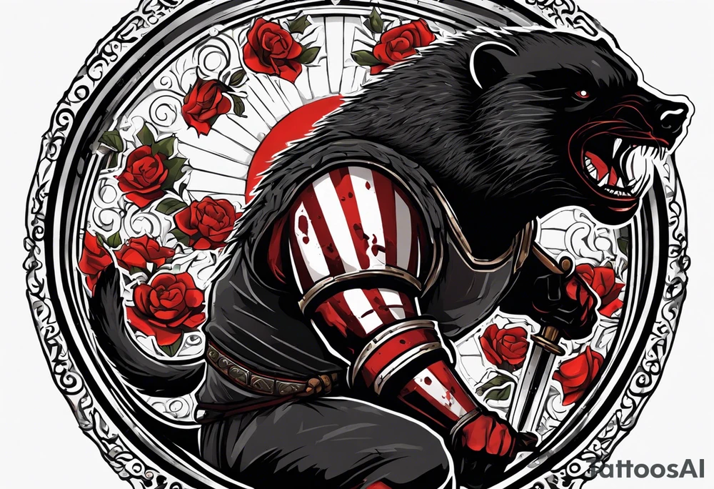 Draw me psychopath Honey Badger/Berserker with aggressive full body, killer face with a scary smile, very long nails and he attacks like a Bloody Assassin/Warrior/Gladiator to us and also, he has very deadly looking. He fights with his nails. Everybody scares after their first sight. Give me horror type Badger Tattoo. I want to see his Realistic full body with no weapons. tattoo idea