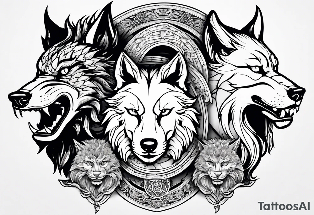 THREE ANIMAL HEADS ONLY MERGED, A CHINESE DRAGON A WOLF AND A CAT tattoo idea