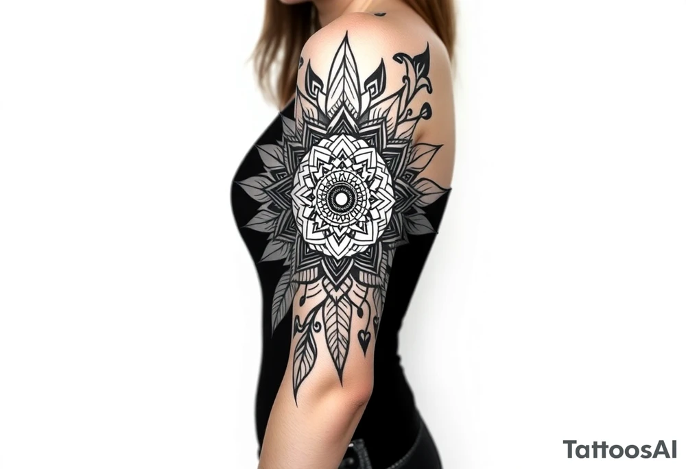 spiritual feather indian mandala shaman tattoo idea