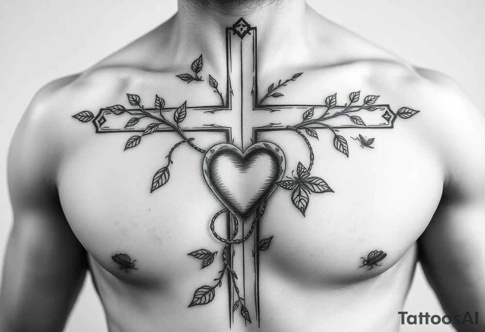 powerful majestic cross on the front of the body  just above the nipples and center to the chest with vines closely wrapped around the cross representing life and a heart within the cross being held like a chain from the cross and other symbols of life like insects and birds butterflies tattoo idea