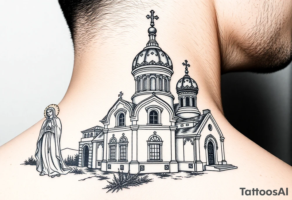 Russian orthodox church with bulb domes with a prominent russian orthodox style virgin mary stood outside to the left tattoo idea