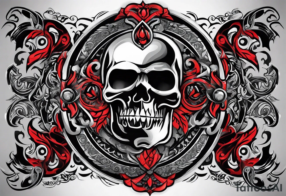 Arm sleeve, black, gray, silver, red, tribal, include elements of fire, include elements of motorcycles, include elements of  Folkstyle wrestling tattoo idea