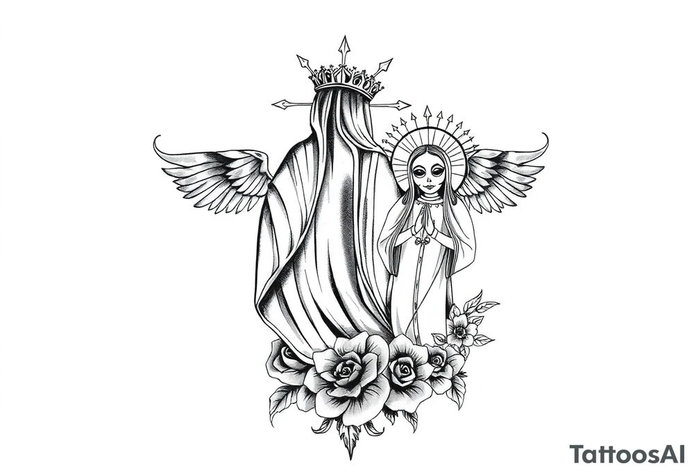 “SOUTHEND” upper back from shoulder blade to shoulder blade with mexican theme Guadalupe and Santa Muerte tattoo idea