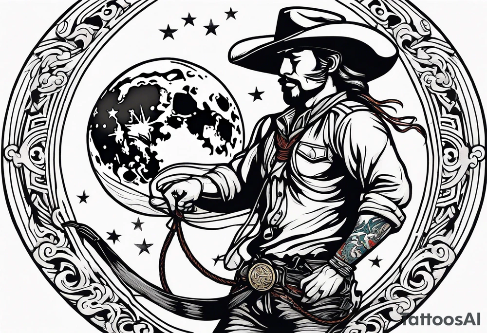 A moon with a cowboy hat and lasso tattoo idea