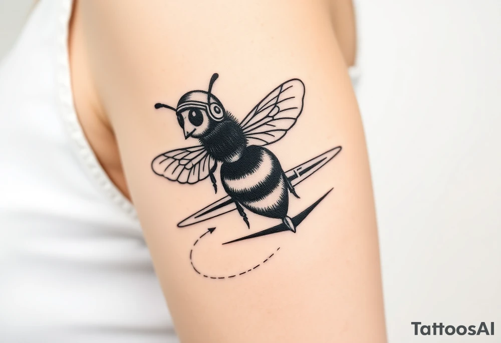 bee with a pilots hat flying next to a jet plane tattoo idea