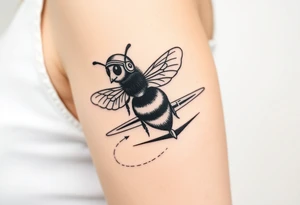 bee with a pilots hat flying next to a jet plane tattoo idea