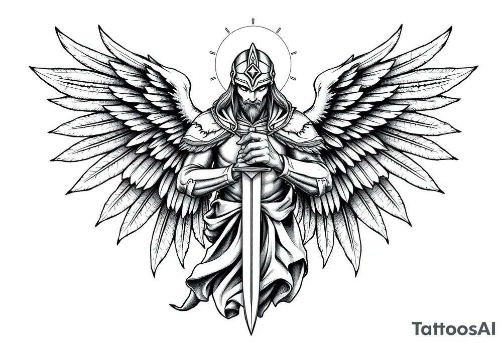 Holy Archangel, Biblical, Christianity, Hebrew, Guards of Christianity, Holding a sword, having six wings, wearing helmet, halo, seraphim, seek justice, walk only with God tattoo idea