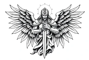 Holy Archangel, Biblical, Christianity, Hebrew, Guards of Christianity, Holding a sword, having six wings, wearing helmet, halo, seraphim, seek justice, walk only with God tattoo idea
