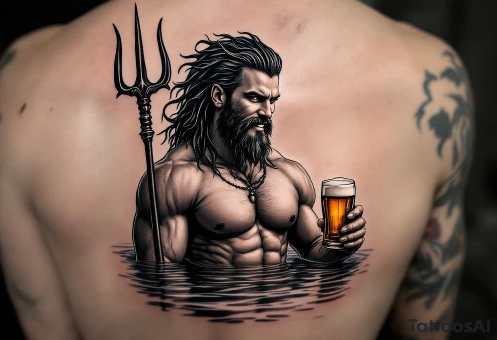 young, happy, fit poseidon in calm water, holding a trident, drinking a beer, with sunset tattoo idea