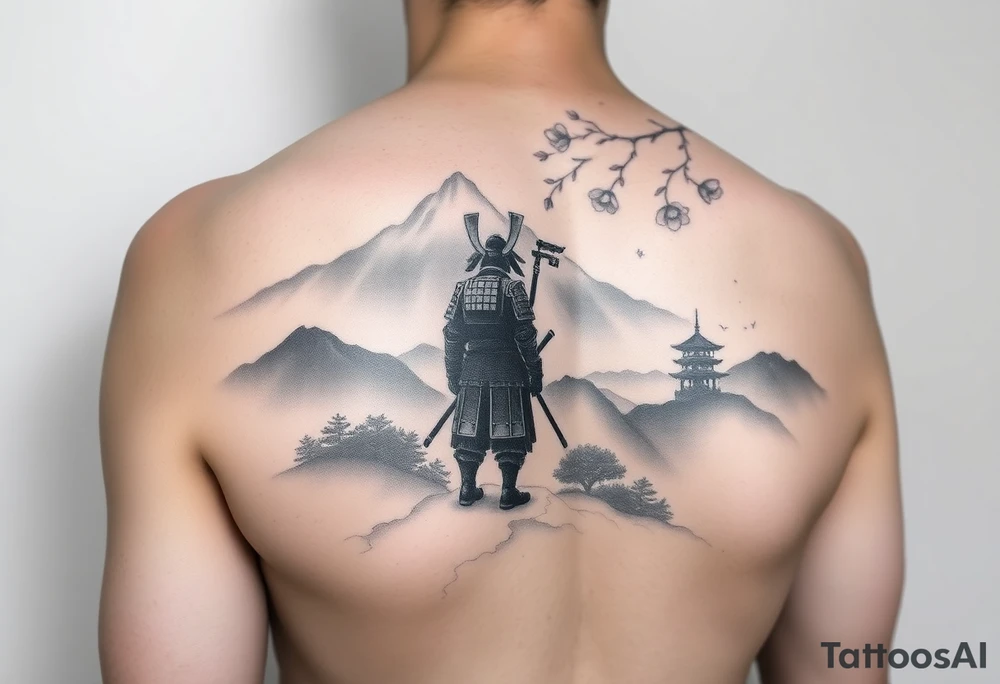 This upper arm continuation begins directly above the jagged treetop skyline, using the existing negative space as low-lying mist. From this fog emerges a grayscale mountain range, with fading silhouettes to maintain the tattoo’s moody depth. A lone samurai in traditional armor stands within the mist, his dark silhouette blending naturally with the scene below. Behind him, subtle outlines of a torii gate and a distant pagoda rise gently into view. Lightly drifting cherry blossoms and peonies, rendered in delicate grayscale linework, float upward through the mist, adding flow without breaking the wintery, monochrome aesthetic. tattoo idea