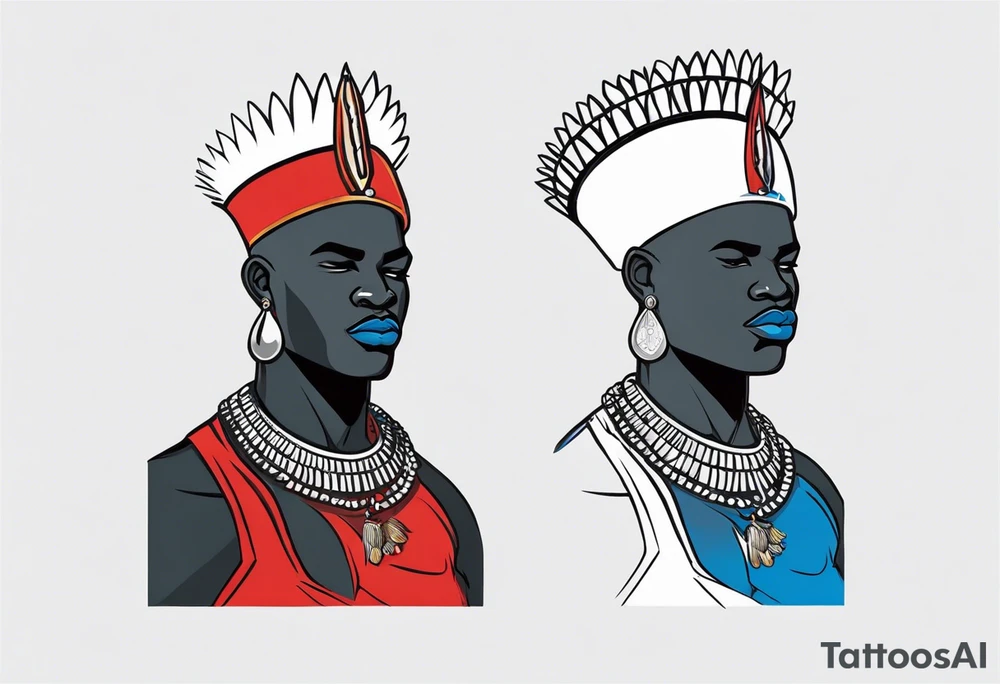 Black-skinned bald african warrior. He wears a simple and small silver crown. He uses two simple necklaces: one blue, other red. He has cowry shells in his crown tattoo idea