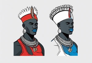 Black-skinned bald african warrior. He wears a simple and small silver crown. He uses two simple necklaces: one blue, other red. He has cowry shells in his crown tattoo idea