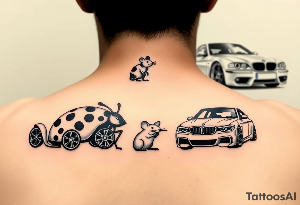 Incorporate lady bug and mouse and cars into two styles for me and my boyfriend. He like low rider cars and i like bmw tattoo idea