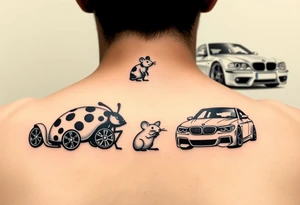 Incorporate lady bug and mouse and cars into two styles for me and my boyfriend. He like low rider cars and i like bmw tattoo idea