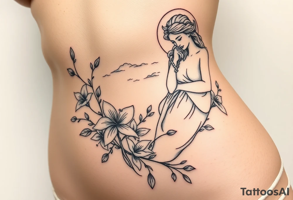 large tattoo that includes greek themed scenery and a greek goddess and also features lily flowers and dainty vines tattoo idea