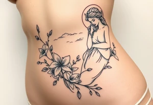 large tattoo that includes greek themed scenery and a greek goddess and also features lily flowers and dainty vines tattoo idea