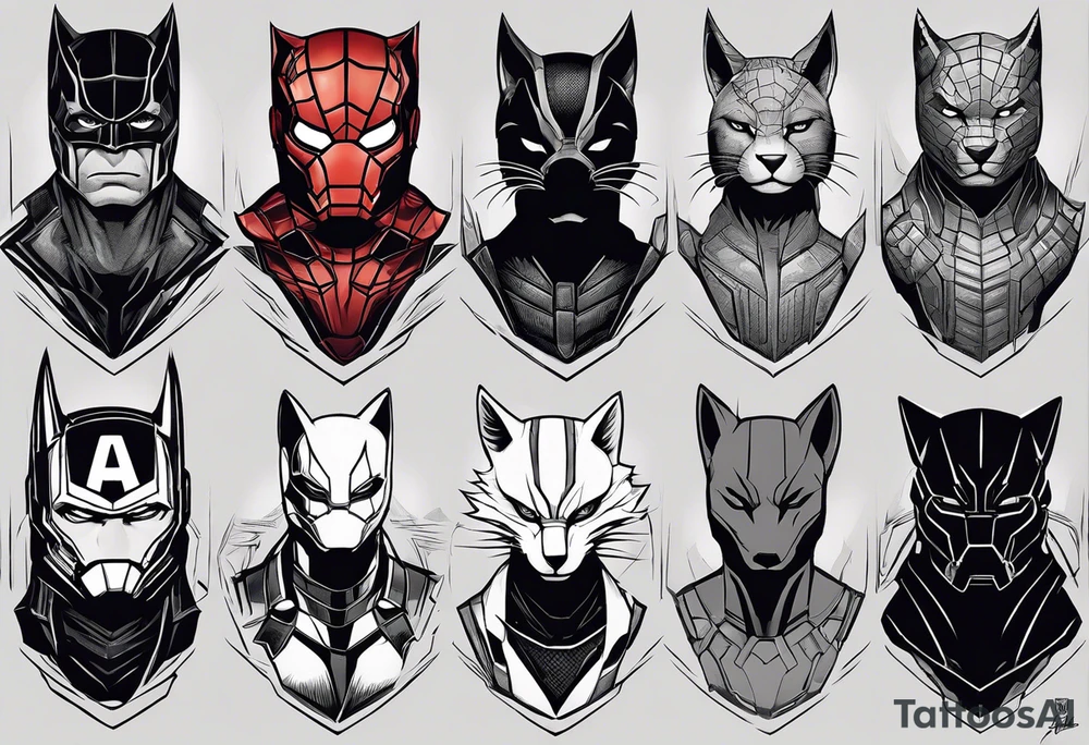I want to change Avengers Team characters with animals. Hulk will be Badger, Thor will be Alpha Grey Wolf, Captain America will be Bull, Iron Man will be Canary, Black Widow will be Axolotl, Hawk Eye will be Sudan Plated Lizard and Nick Fury will be Cat. tattoo idea