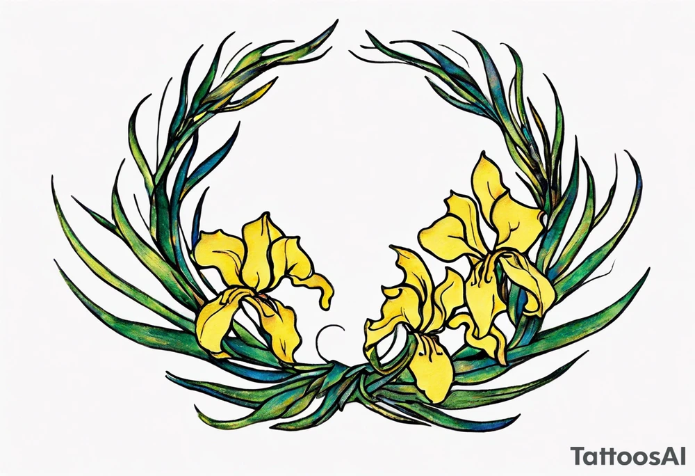 "Craft a petite yet exquisite Vincent van Gogh Irises tattoo, resembling a half wreath with vines gracefully intertwining at the center. The envisioned placement is on the upper chest, and the design should exude a delicate and artistic aesthetic, despite its smaller size." tattoo idea