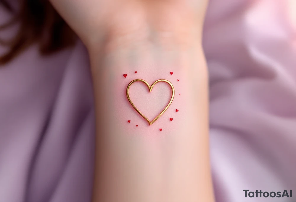A symbol of rune of love in the shape of a heart, carved with clean, sharp edges. The design in golden, and the background features a lavender glow. Tiny hearts float around the symbol, representing infinite devotion. tattoo idea