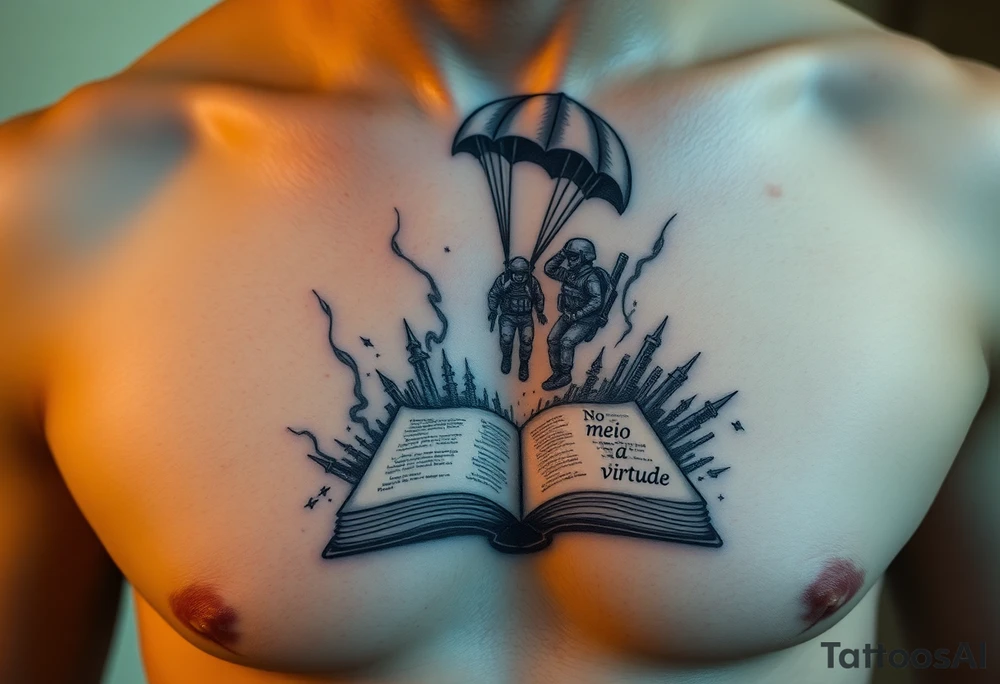 A parachuting soldier landing into an open book. Chaos surrounding, but the book is protecting the soldier from it. On the chest. Make the tattoo smaller. Make it thought provoking. "No meio esta a virtude" underneath the book. Make the chaos in the environment be a thunderstorm tattoo idea