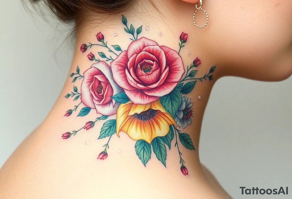 vintage bouquet of wild roses and meadow flowers with morning dew tattoo idea