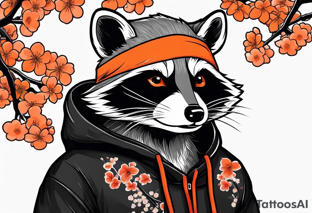 Raccoon wearing a white Superman logo on a black hoodie and orange Japanese cherry blossoms beside tattoo idea