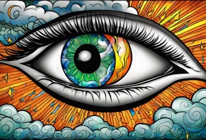 simple eyeball with a blue/green iris on top of dark stormy clouds with orange/yellow lightning coming from the clouds tattoo idea