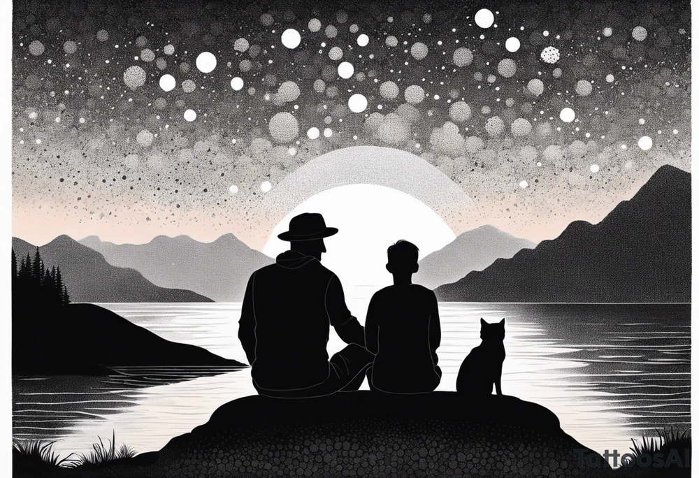 nature, sunset, mountains, a father and son sitting with their dog and cat 
by the water tattoo idea