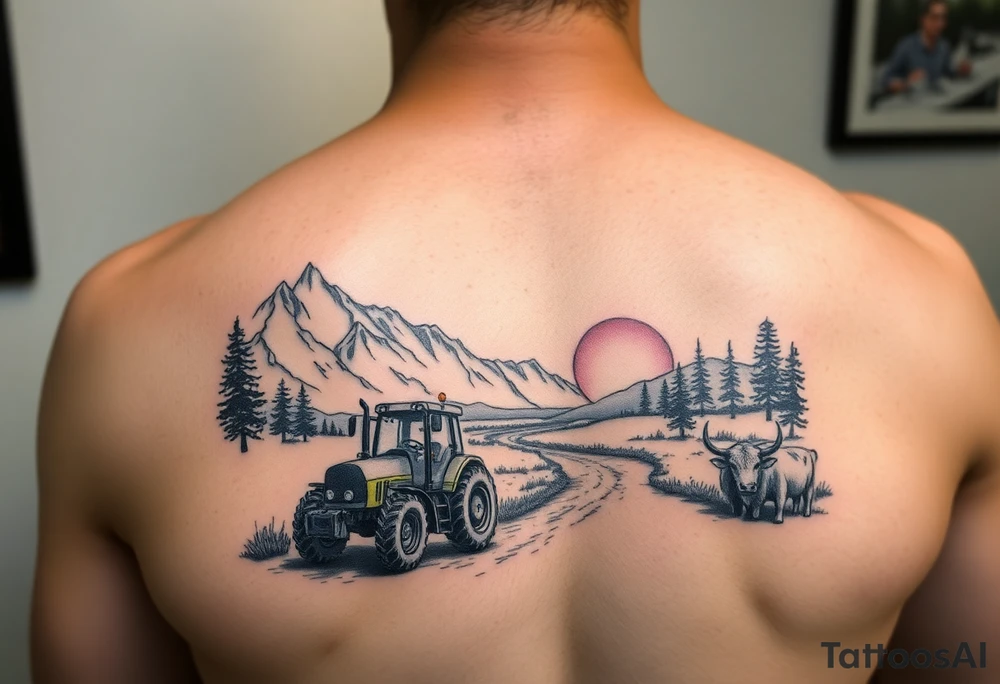 mountian, river, tractor, cow, sunset tattoo idea