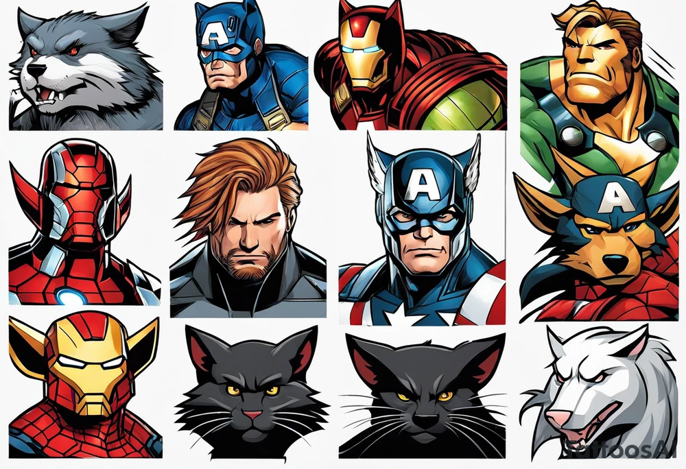 I want to change Avengers Team characters with animals. Hulk will be Badger, Thor will be Alpha Grey Wolf, Captain America will be Bull, Iron Man will be Canary, Black Widow will be Axolotl, Hawk Eye will be Sudan Plated Lizard and Nick Fury will be Cat. tattoo idea