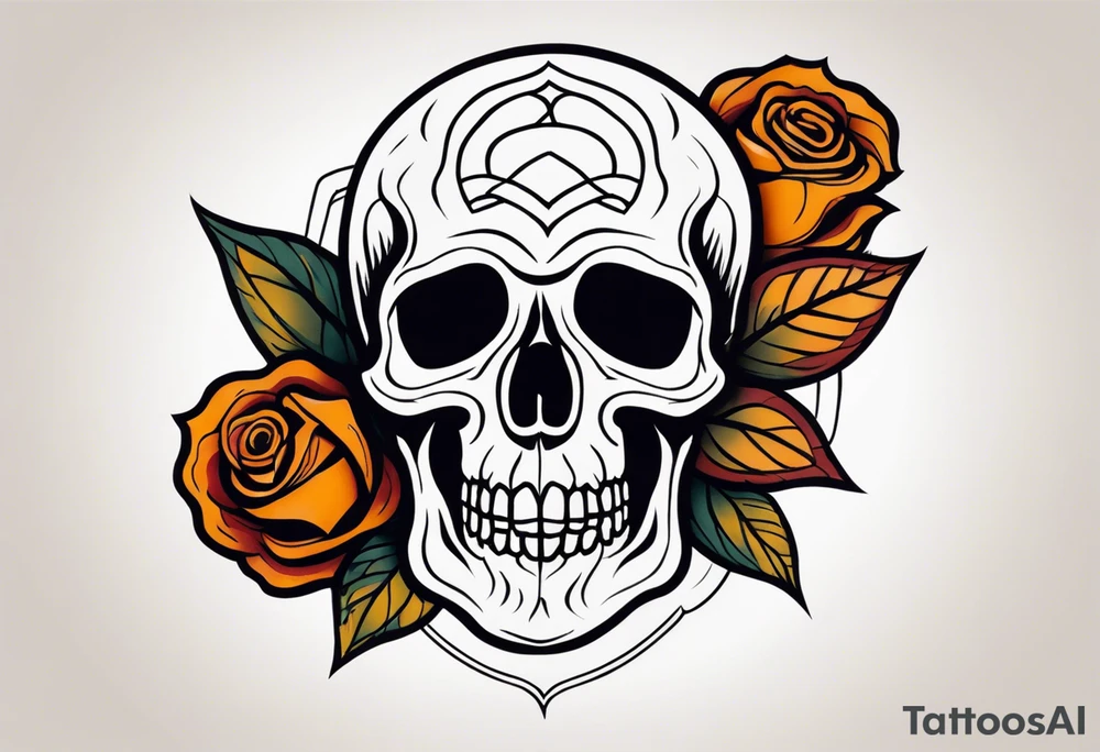 traditional Knee tattoo in fall colors showing a large skull with a rose in the style of Mark Mahoney tattoo idea