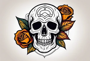 traditional Knee tattoo in fall colors showing a large skull with a rose in the style of Mark Mahoney tattoo idea