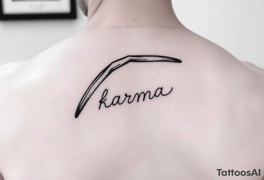 Minimalist style tattoo of a boomerang with the word karma on it tattoo idea