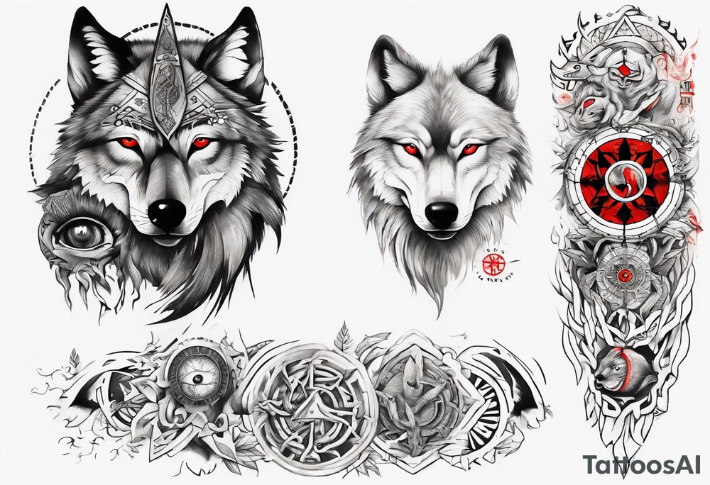 want a half sleeve on my left forearm featuring a side profile of wolf with a vegvisir for its eye and red eye, surrounded by Māori patterns and Norse symbols tattoo idea