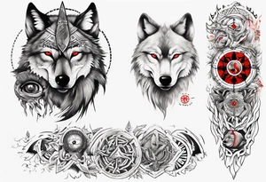 want a half sleeve on my left forearm featuring a side profile of wolf with a vegvisir for its eye and red eye, surrounded by Māori patterns and Norse symbols tattoo idea