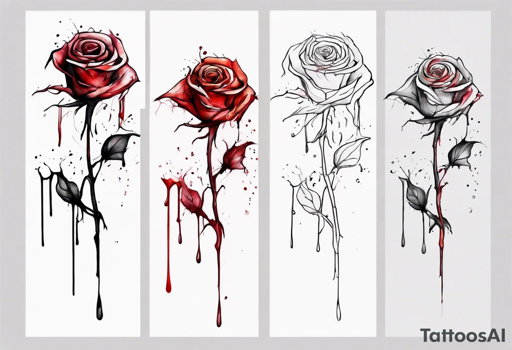 rose flower, one line, red blood dripping from the flower, tall, watercolor tattoo idea
