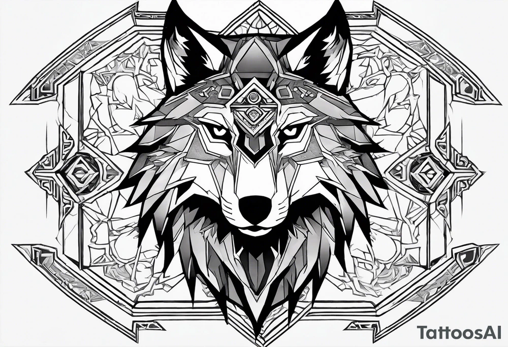 Legend of zelda link wolf in profile, in the center of his forhead is a diamond shape with a dot in the middle done in the style of black line work tattoo idea