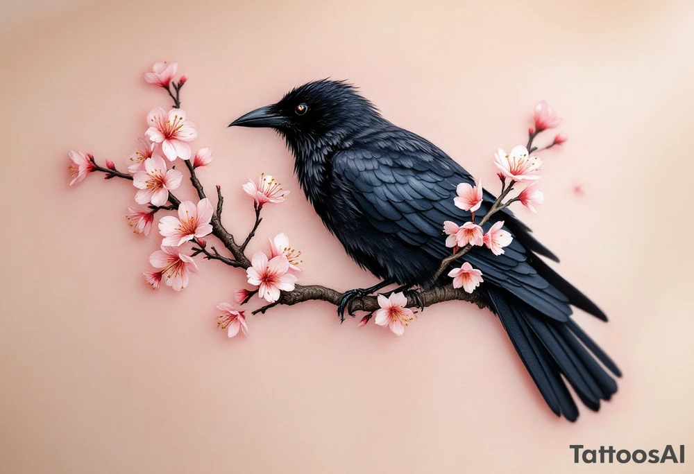 Crow with Cherry Blossoms – A serene crow resting on a branch of pink cherry blossoms. Contrast of black feathers and soft pink petals creates harmony. tattoo idea