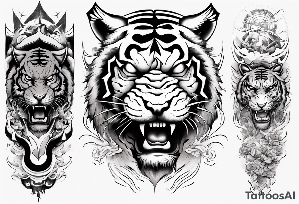 Tiger Warrior sleeve tattoo with lightning and the sun
Forearm sleeve tattoo idea