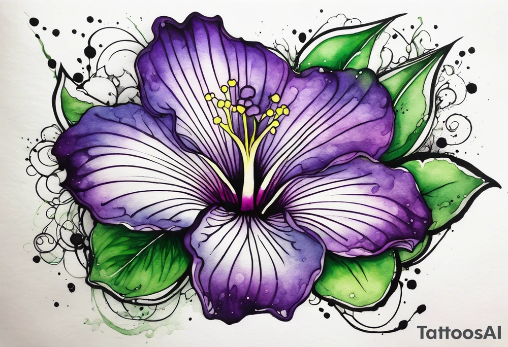 A mystical outline of a green and purple rio dipladenia flower and a green and purple watercolor splash in the background tattoo idea