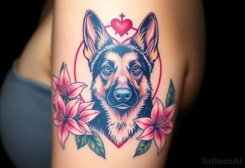 short haired german shepherd with alert ears surrounded by pink lilies with large leaves in front of a sacred heart tattoo idea