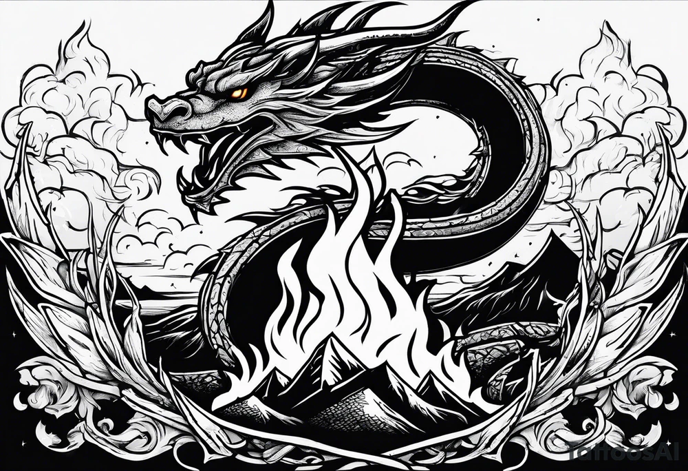 Campfire with a flame. The flame transforming into a dragon. Also the fire writes 'may death find you alive'. tattoo idea