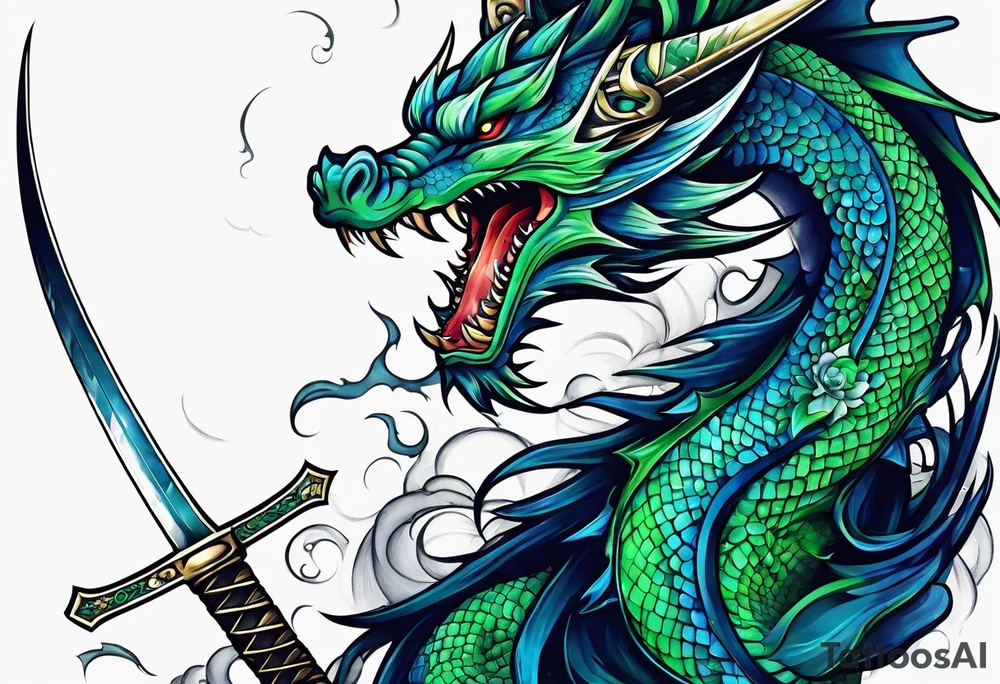 Blue and green dragon around a katana sword tattoo idea